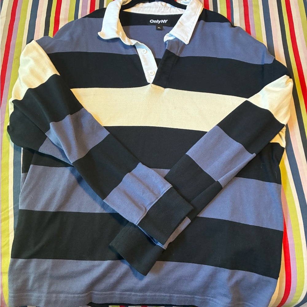 OnlyNY Men's Striped Rugby Shirt - Blue, Black, and White